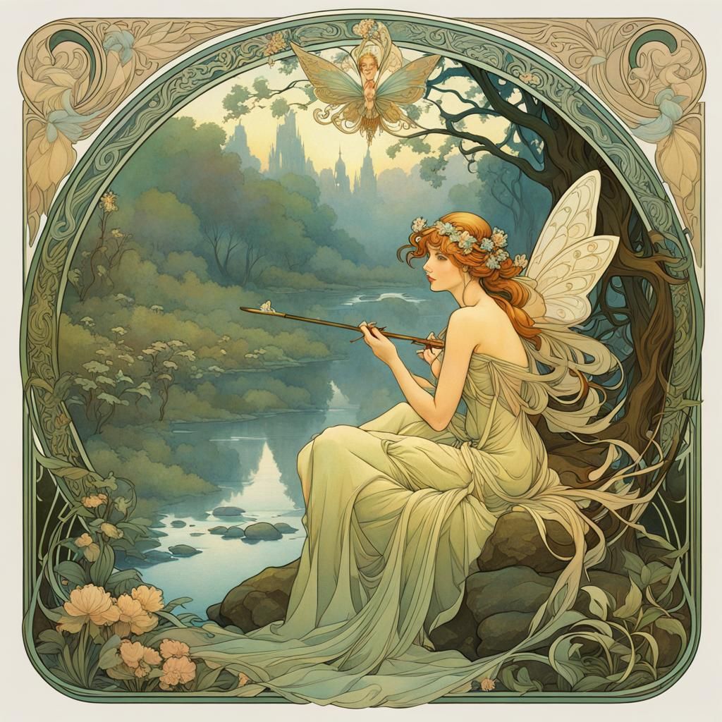 Fairies Resting by River in Art Nouveau Style