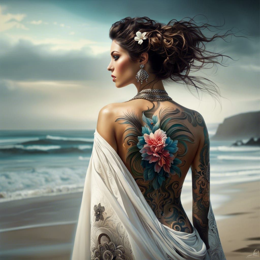 Woman with Flower Tattoo on Beach, Photorealistic Art