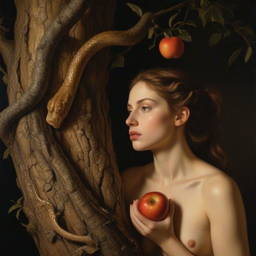Adam Offers Eve a Red Apple Under a Tree