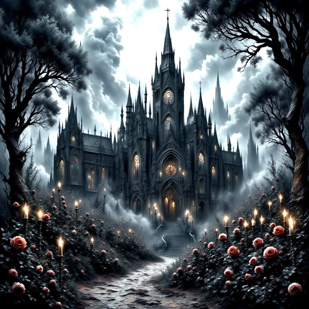 Gothic Cathedral in Lace Garden with Black Roses