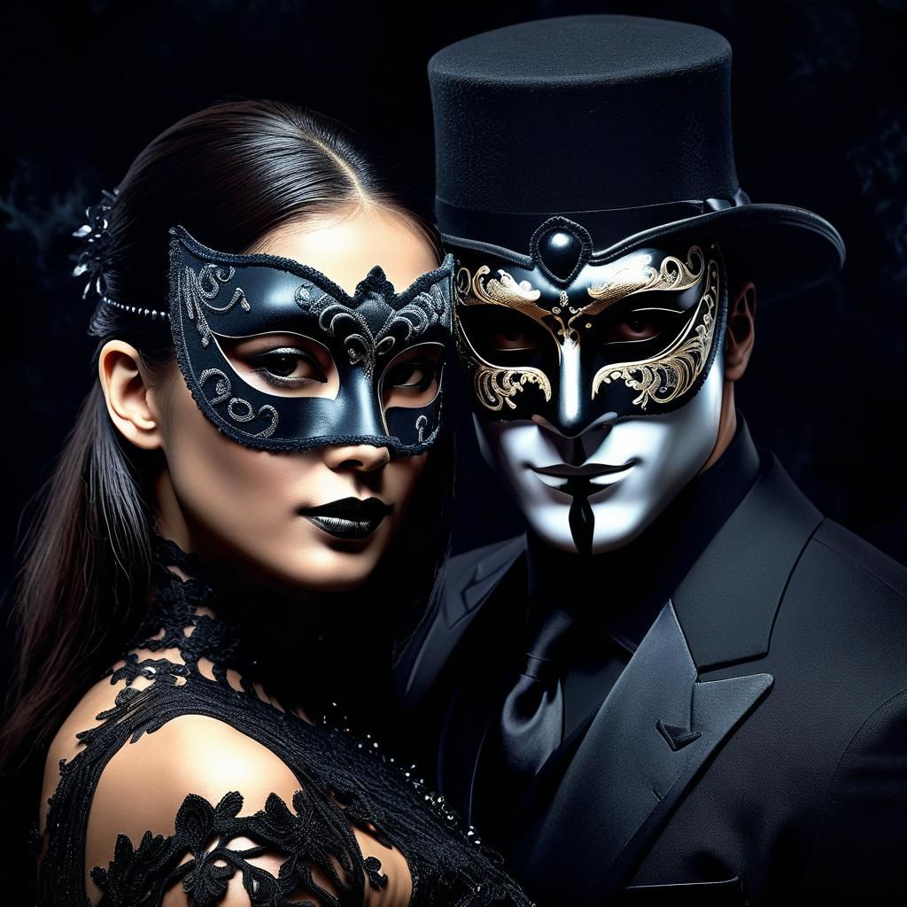 Masquerade Ball Embrace in Fine-Art Noir Style