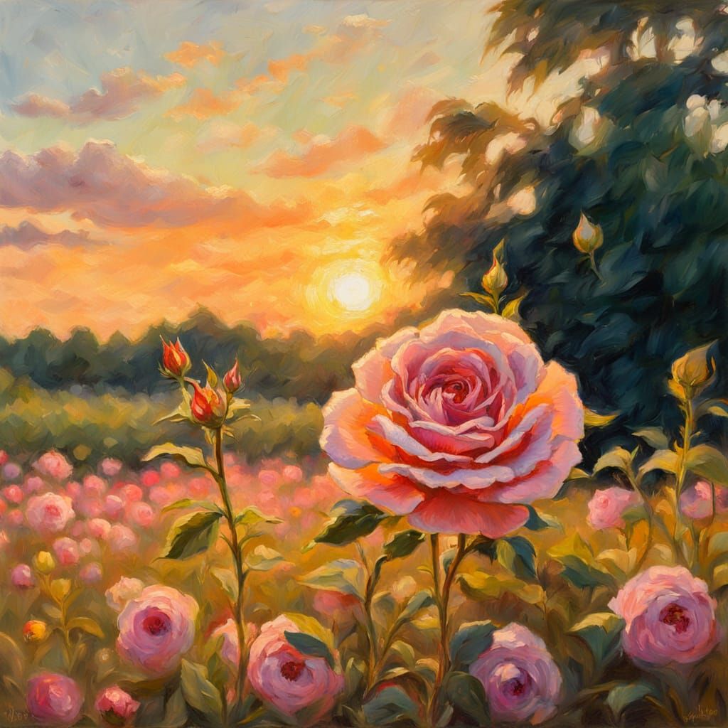Impasto Rose Oil Painting in Golden Hour Light