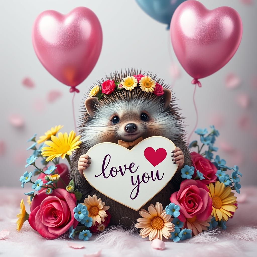 Whimsical Hedgehog Holding Heart in Floral Wonderland