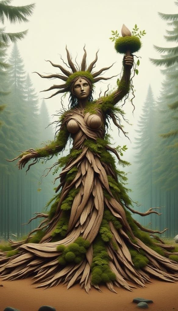 Wooden Statue of Liberty in a Serene Forest Landscape