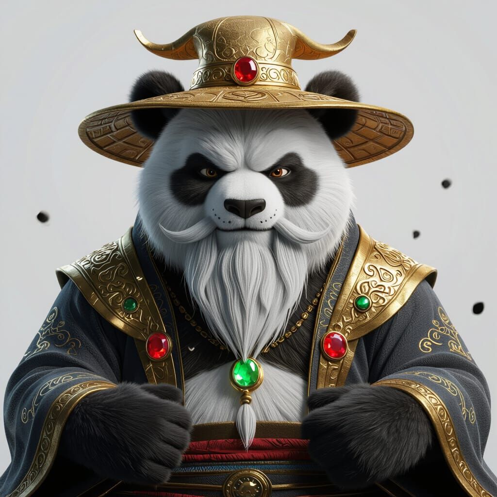 Divine Panda Monk with Glowing Tattoos and Gems