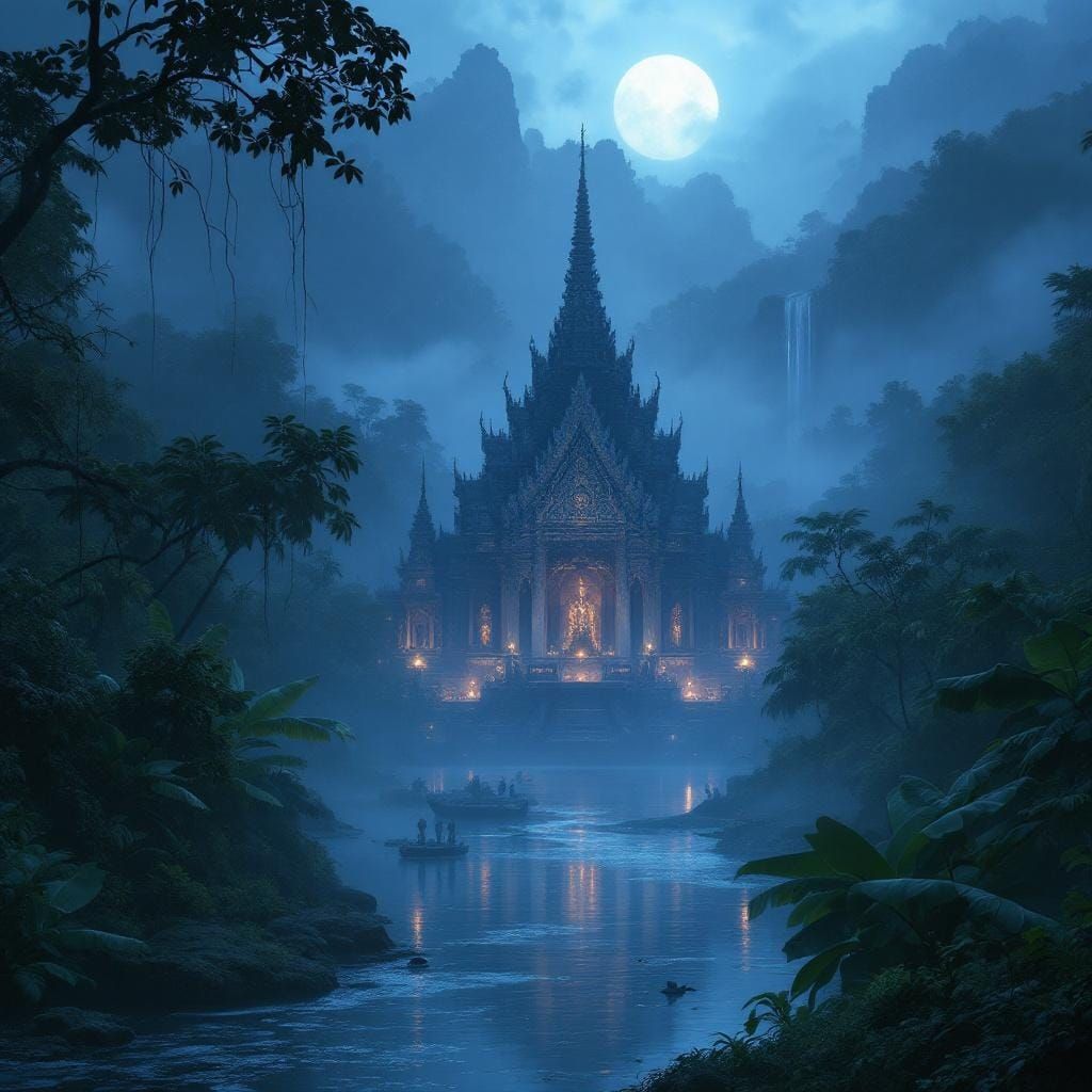 Thai Wat in Jungle at Blue Hour: Digital Painting