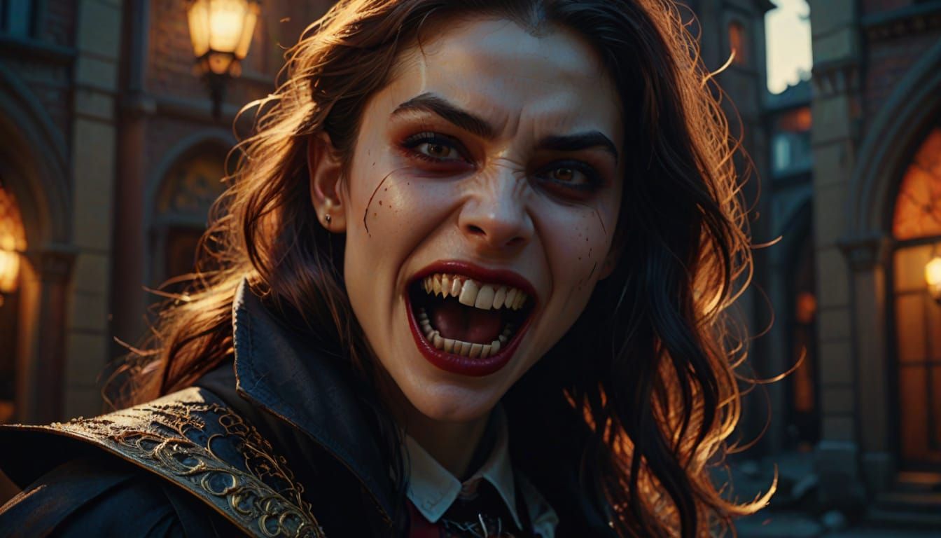 Hyperrealistic Portrait of a Vampire with Fangs