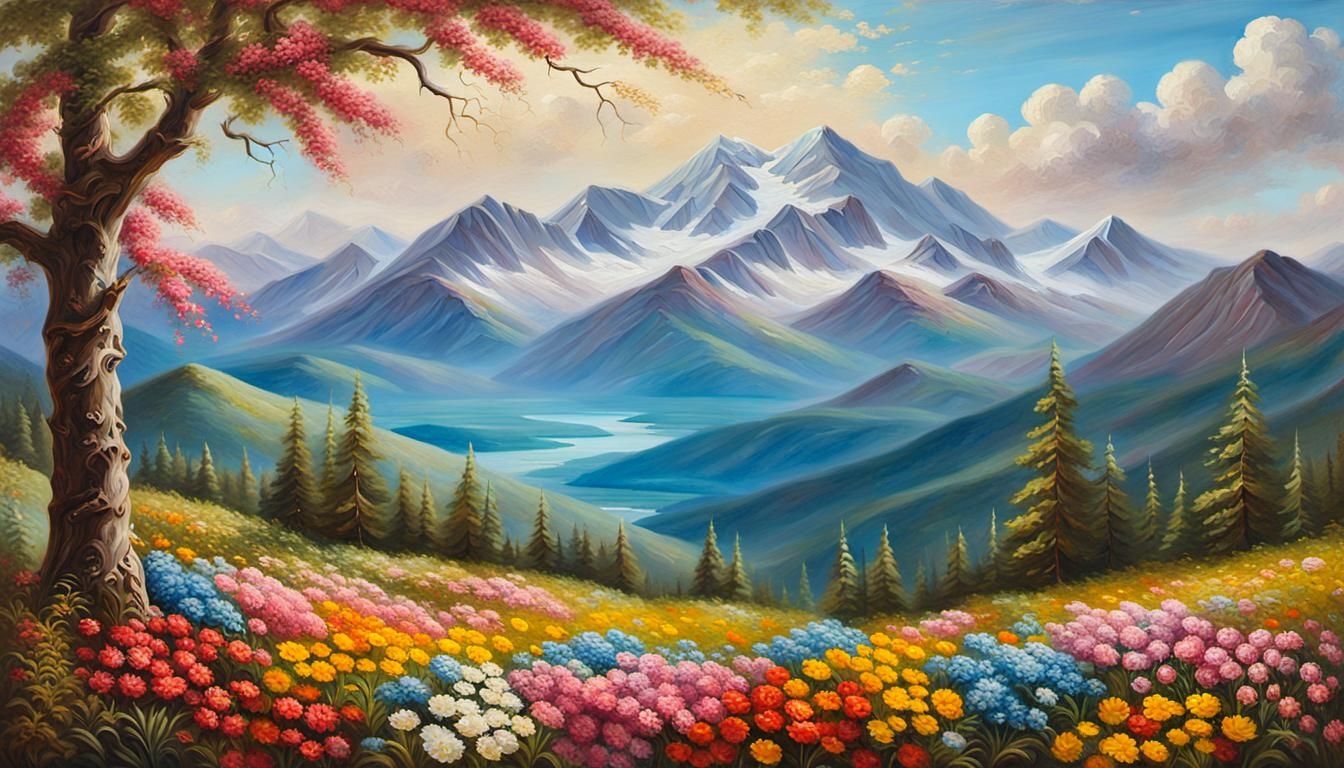 Idyllic Landscape Oil Painting with Golden Light