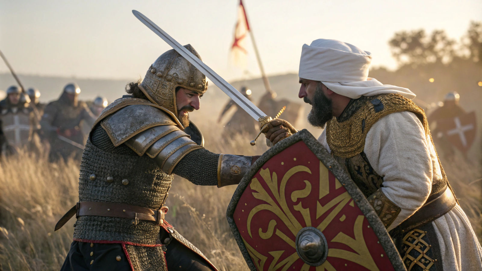 Medieval Knight and Warrior Sword Fight in Field