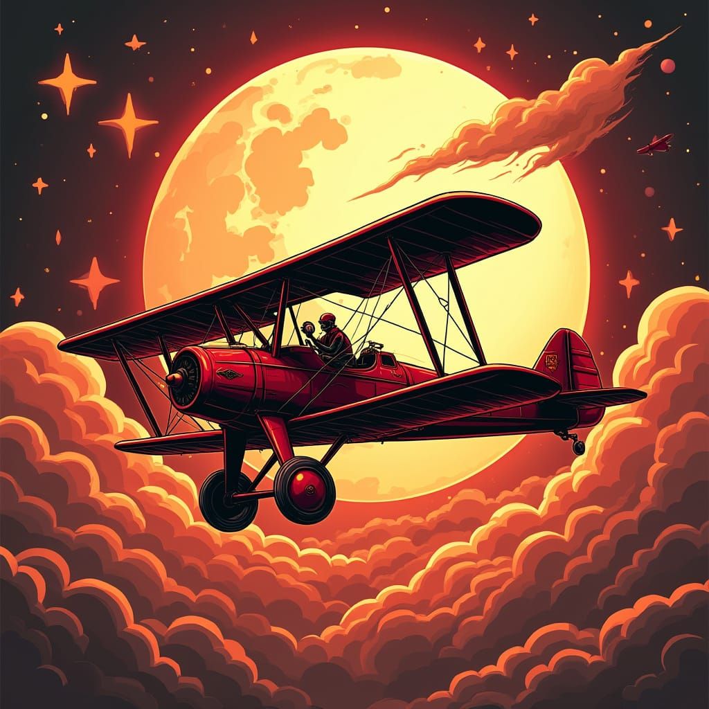 Red Baron's Biplane Under a Glowing Moon in Neo Traditional ...