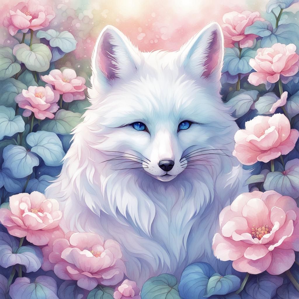 Anime Art: White Fox in Begonia Garden