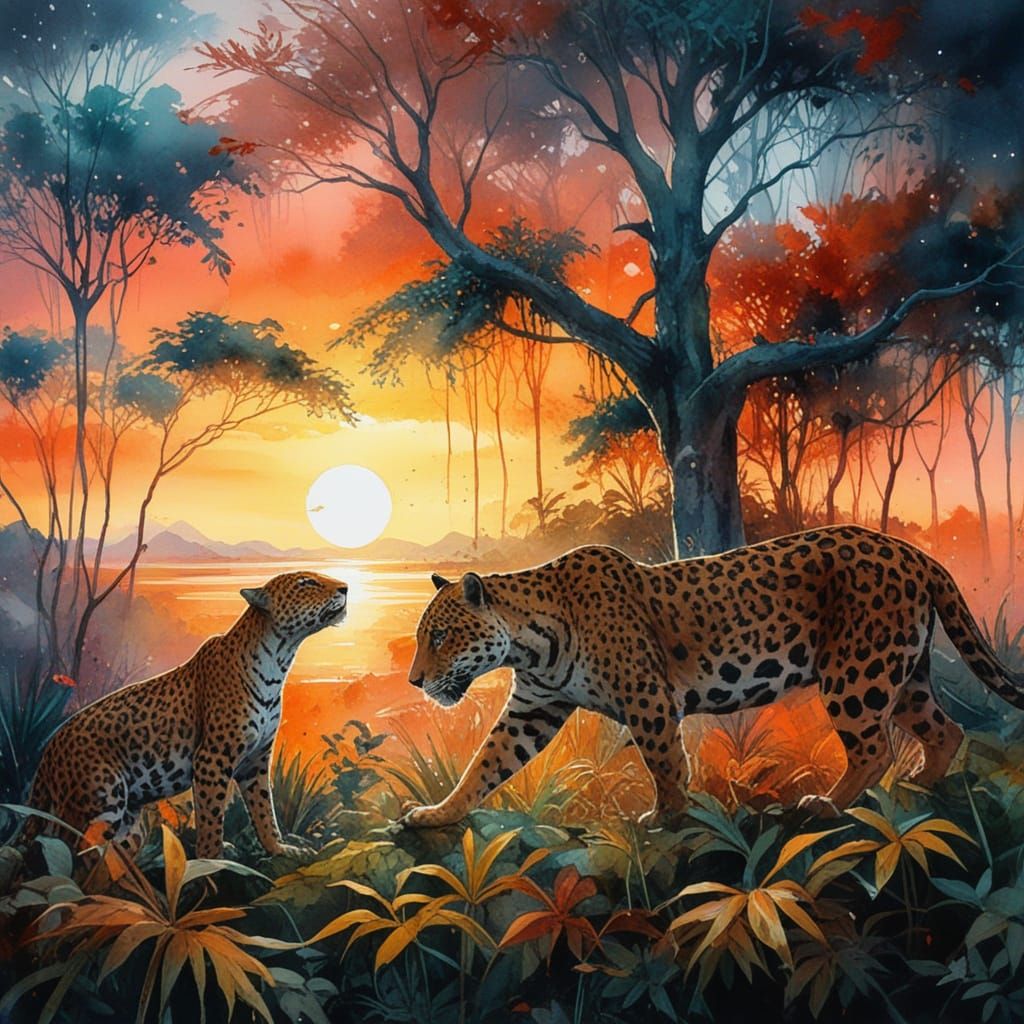 Moonlit Jaguar Stalks Through Rainforest in Watercolour Styl...