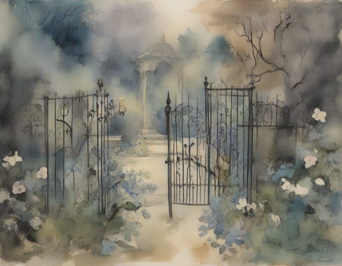 Haunted Garden Watercolor Masterpiece with Goya Influence