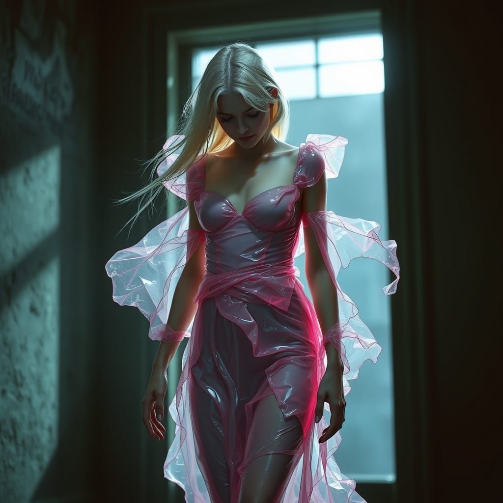 Shimmering Pink Skin Dress on Teenager in Dark Fantasy Style