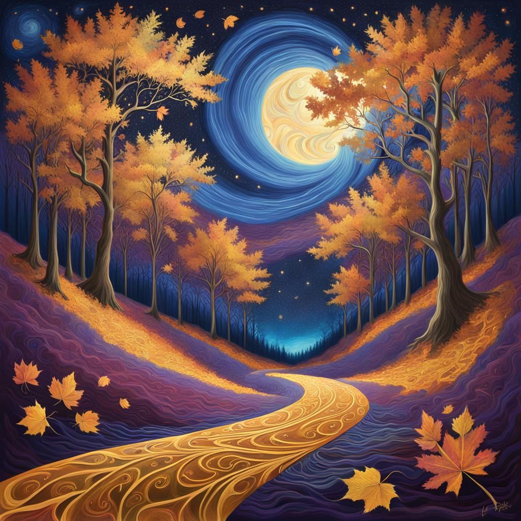 Autumnal Starry Night in Hyperrealist Painting