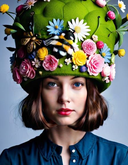 Woman's Floral Top Hat in Surreal 3D Style