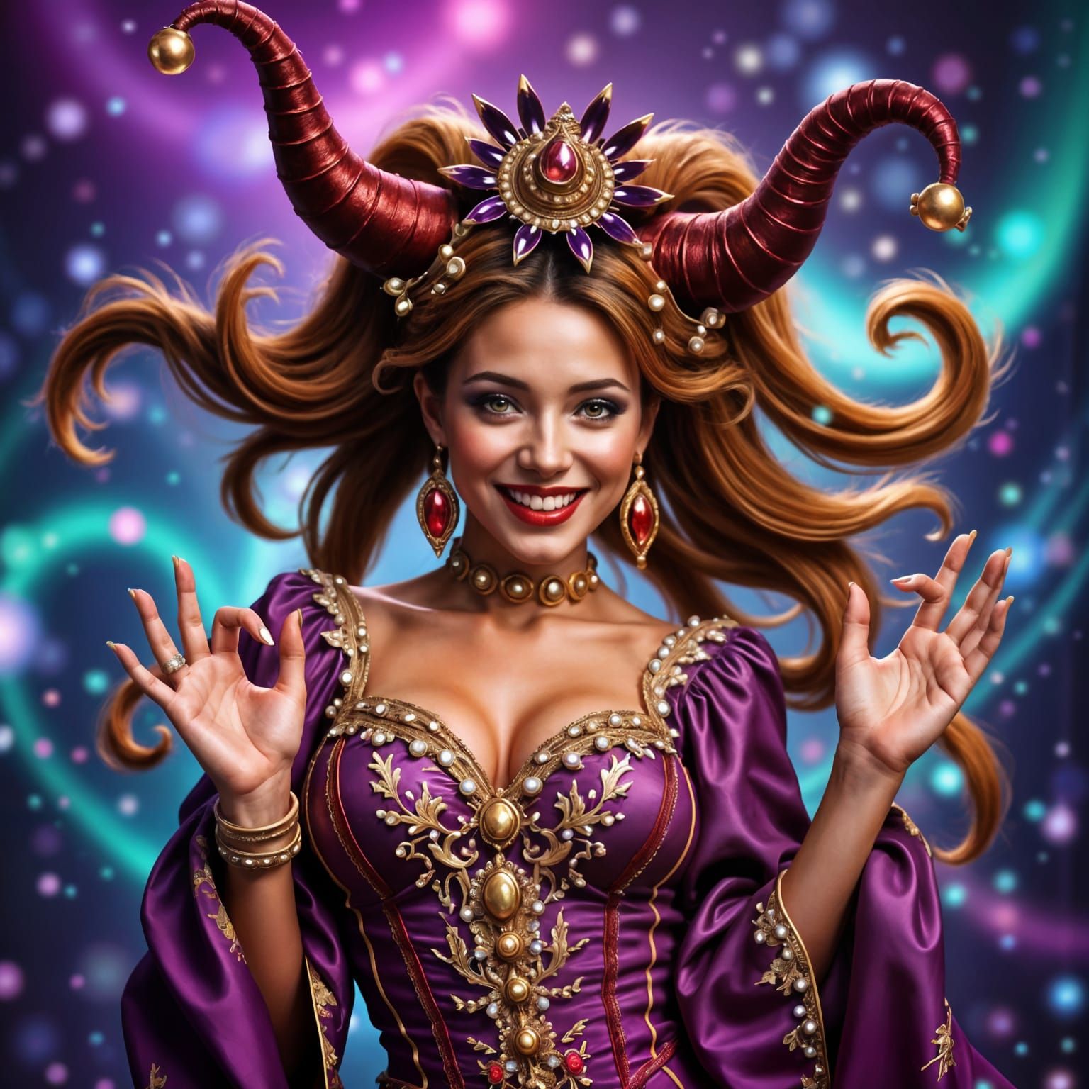 Vibrant Jester Performs with Joyful Smile in Summer Breeze