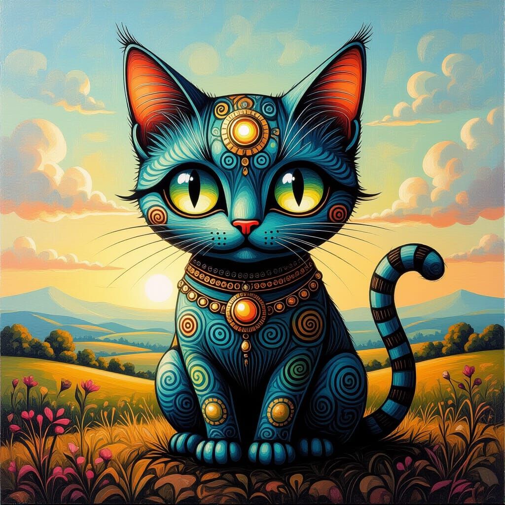 Chibi Cat in Vivid Landscape Illustration