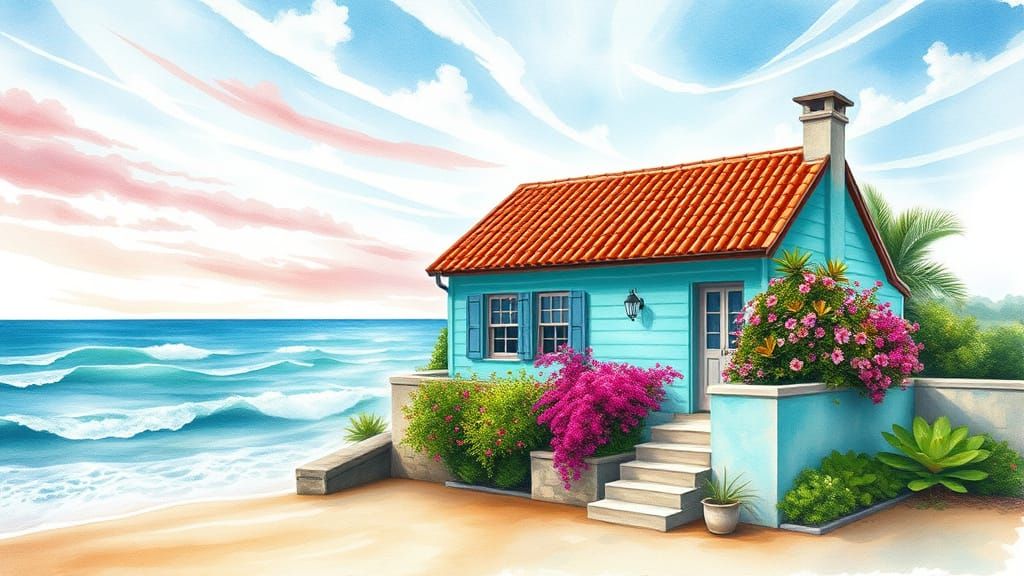 Turquoise Seaside Cottage with Flowers in Watercolor Style