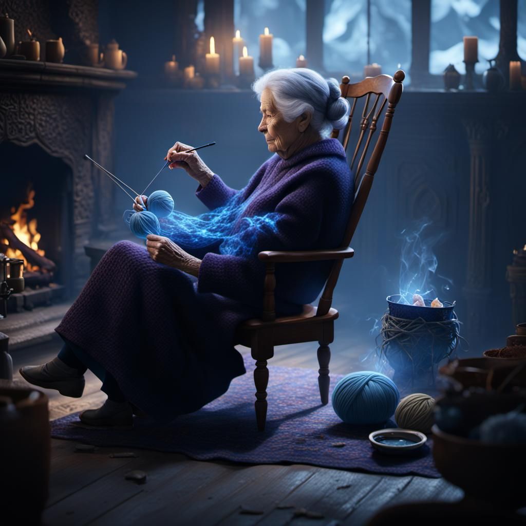 Cozy Old Woman Knitting by Fireplace, Detailed Matte Paintin...