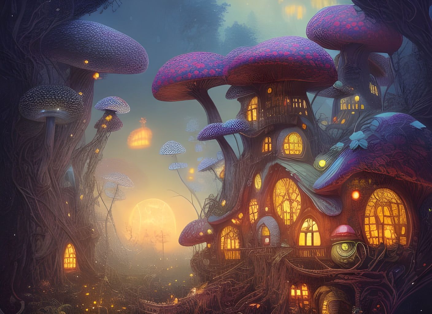 Glowing Mushroom Village in Dark Watercolor Style