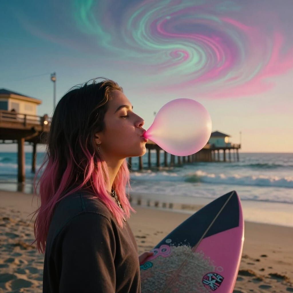 Surfer Girl Blowing Pink Bubble at Venice Beach
