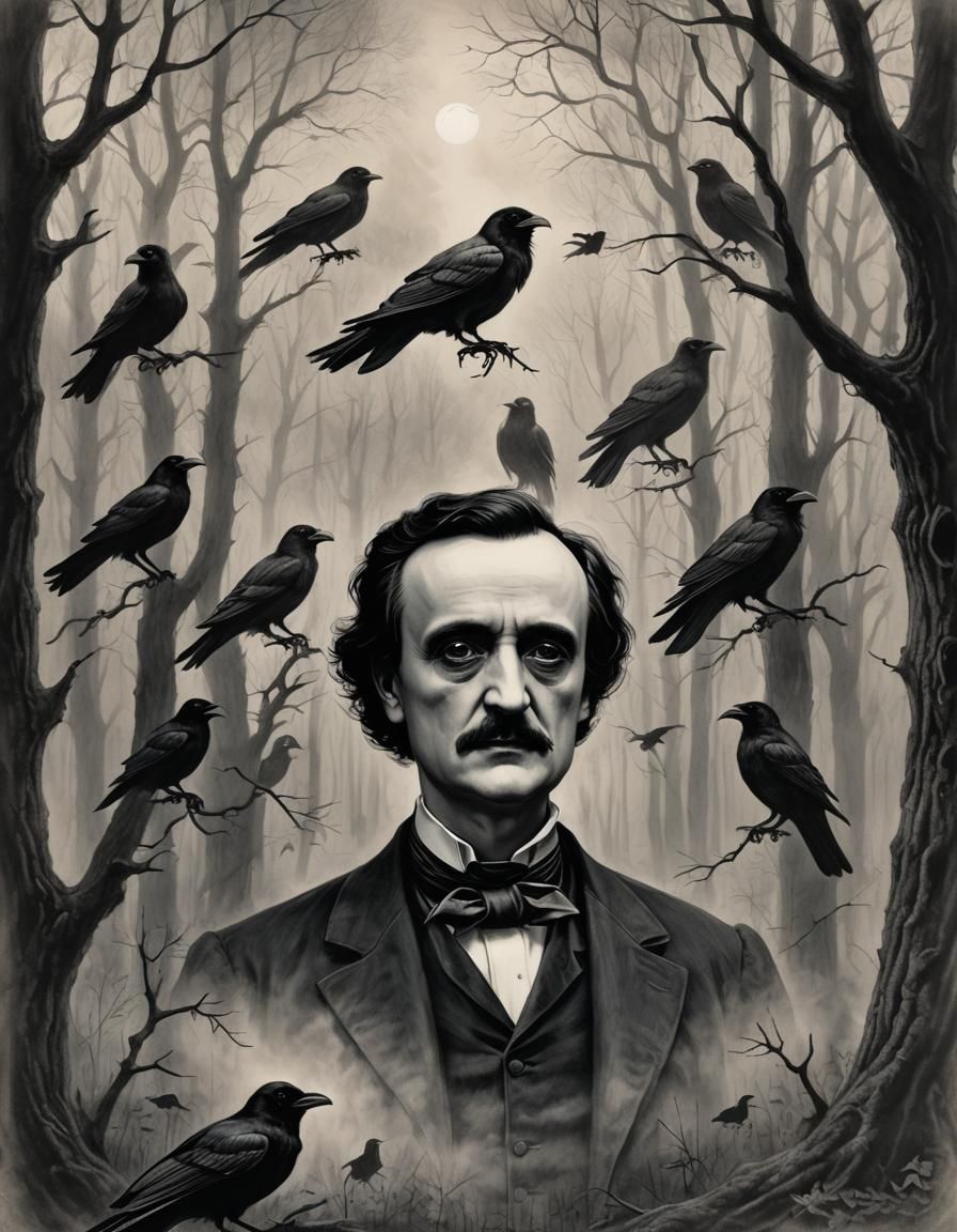 Gothic Victorian Portrait of Edgar Allan Poe in a Misty Fore...