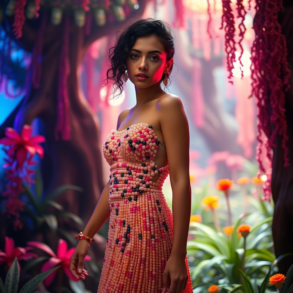 Beaded Dress in Lush Environment, Digital Matte Painting Sty...