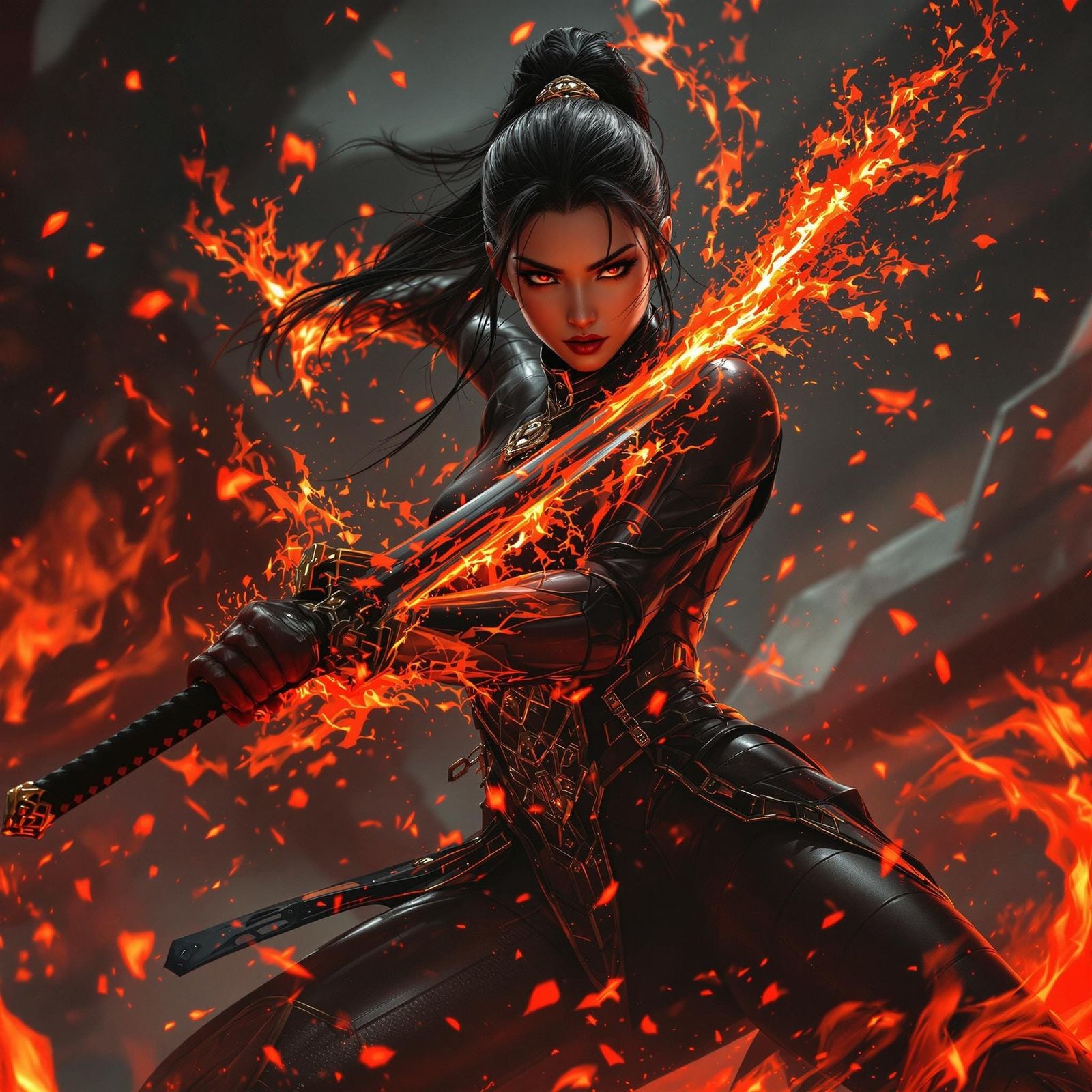 Cyberpunk Asian Warrior with Flaming Katana