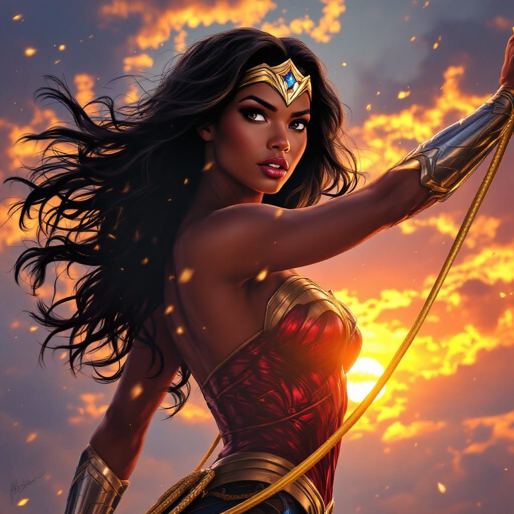 African American Wonder Woman Posing Heroically