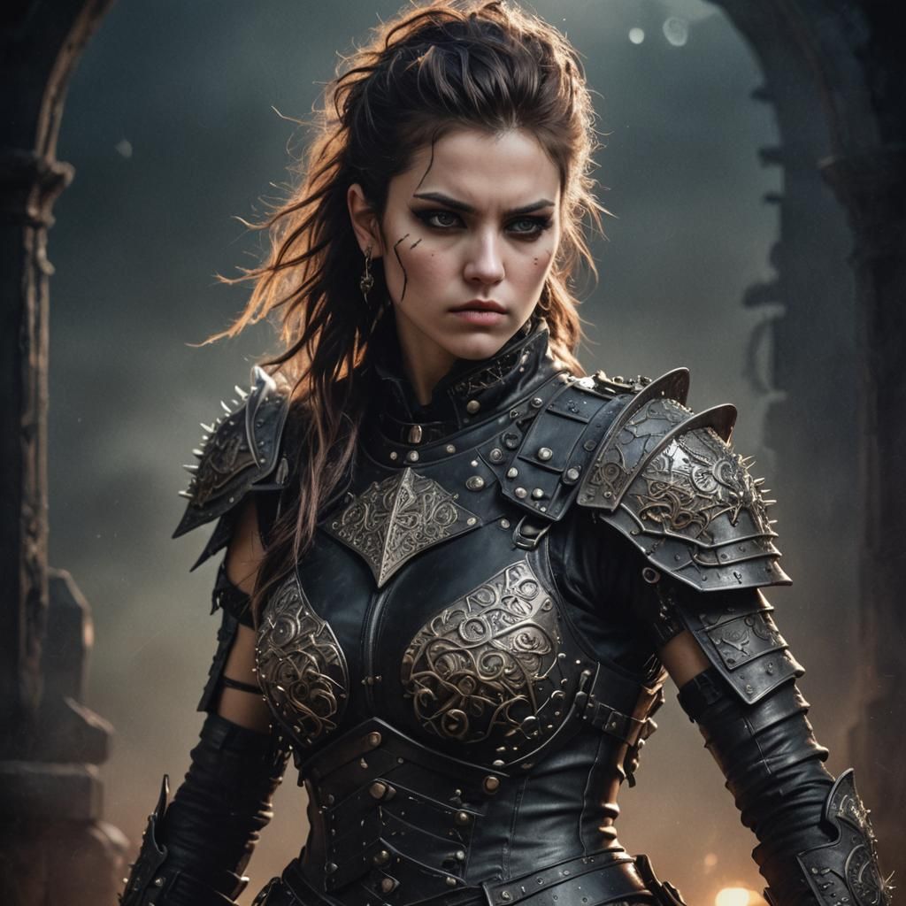 Female Warrior Portrait in Dark Fantasy Grunge Style