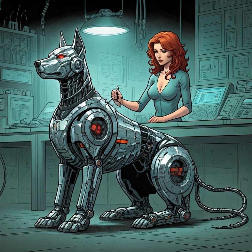 Redhead Repairs Robotic Doberman in Comic Book Art Style