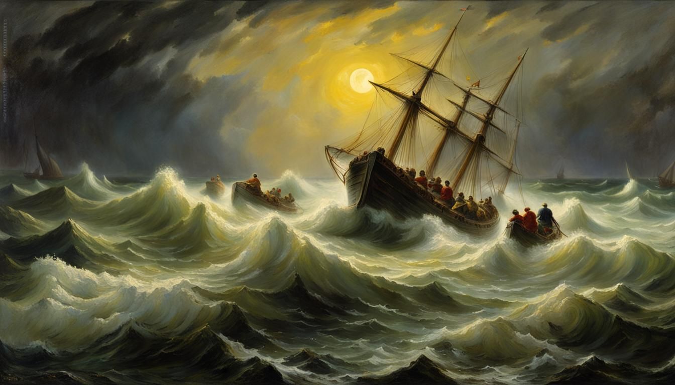 Sailors' Rescue Mission in Stormy Seas: Oil Painting