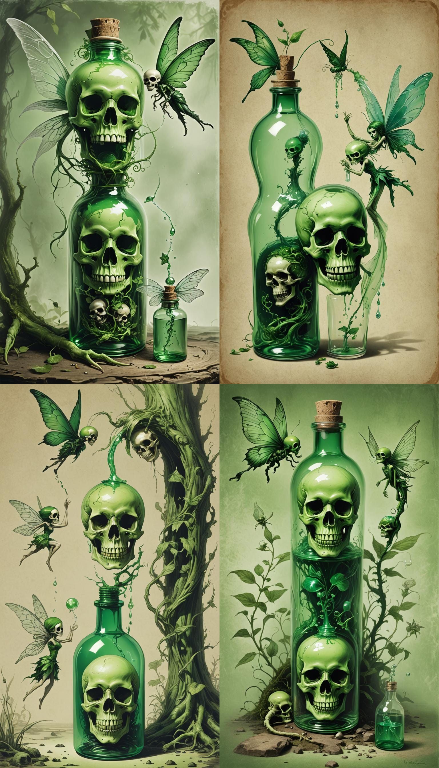 Skull in Poison Bottle Watched by Fairy