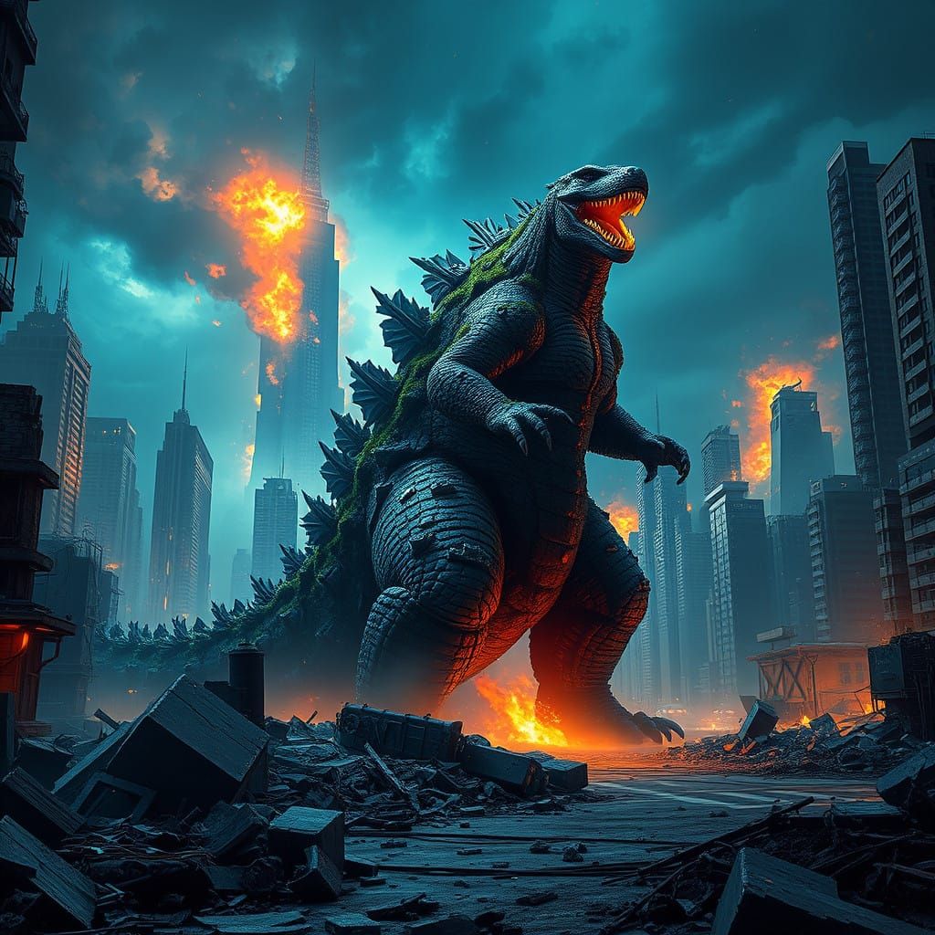Godzilla Amidst Ruined Cityscape in Cyberpunk Style