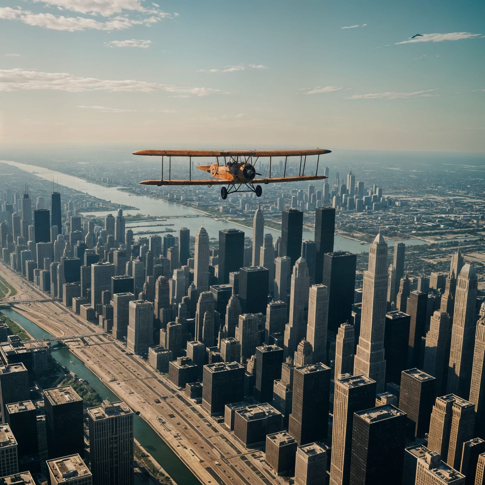 Wright Brothers Airplane Over Chicago: Cinematic Film Still