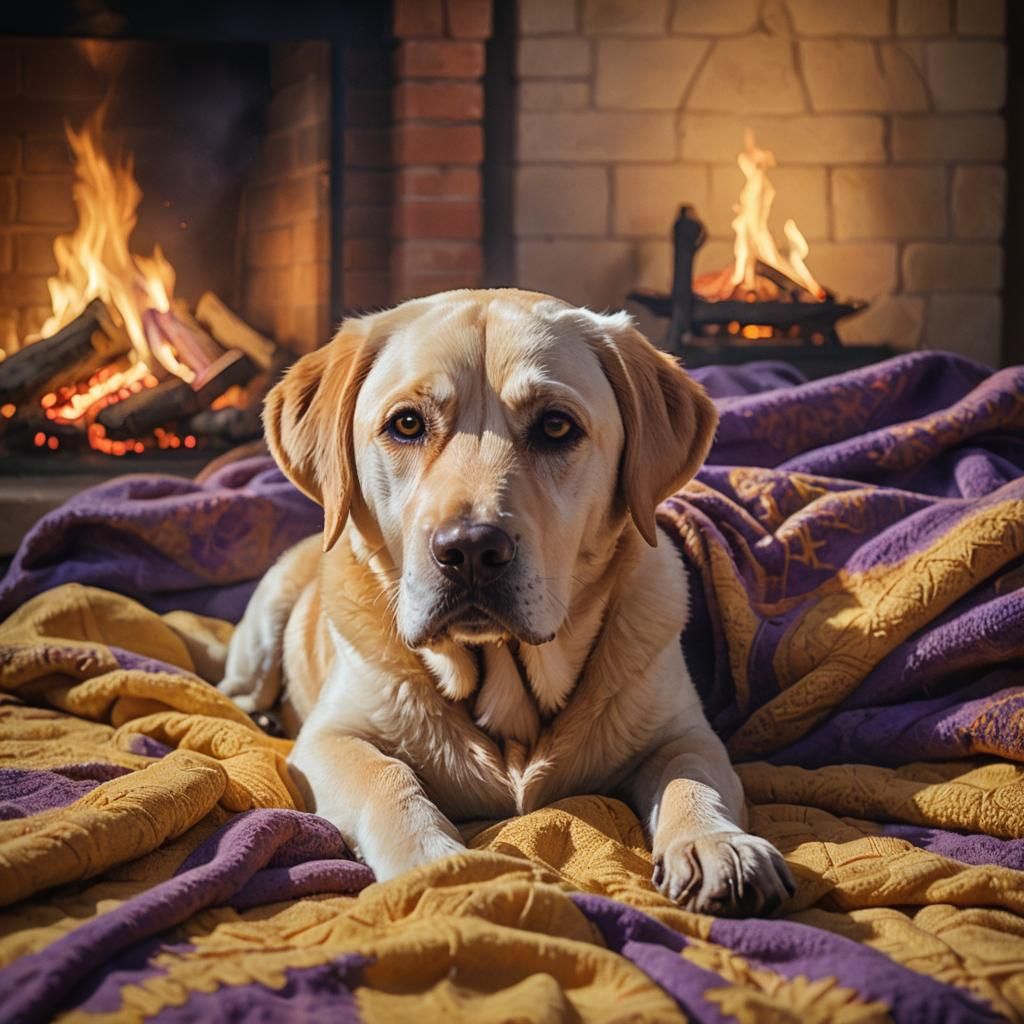 Cozy Labrador Portrait with Fireplace Glow