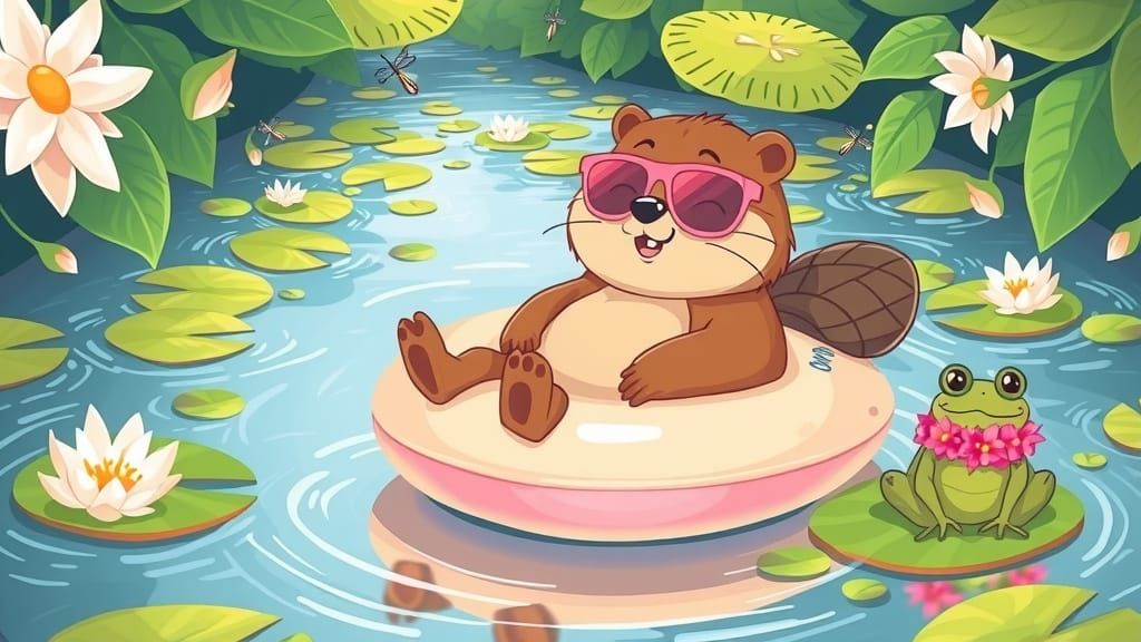 Whimsical Summer Scene with Cartoon Beaver and Frog