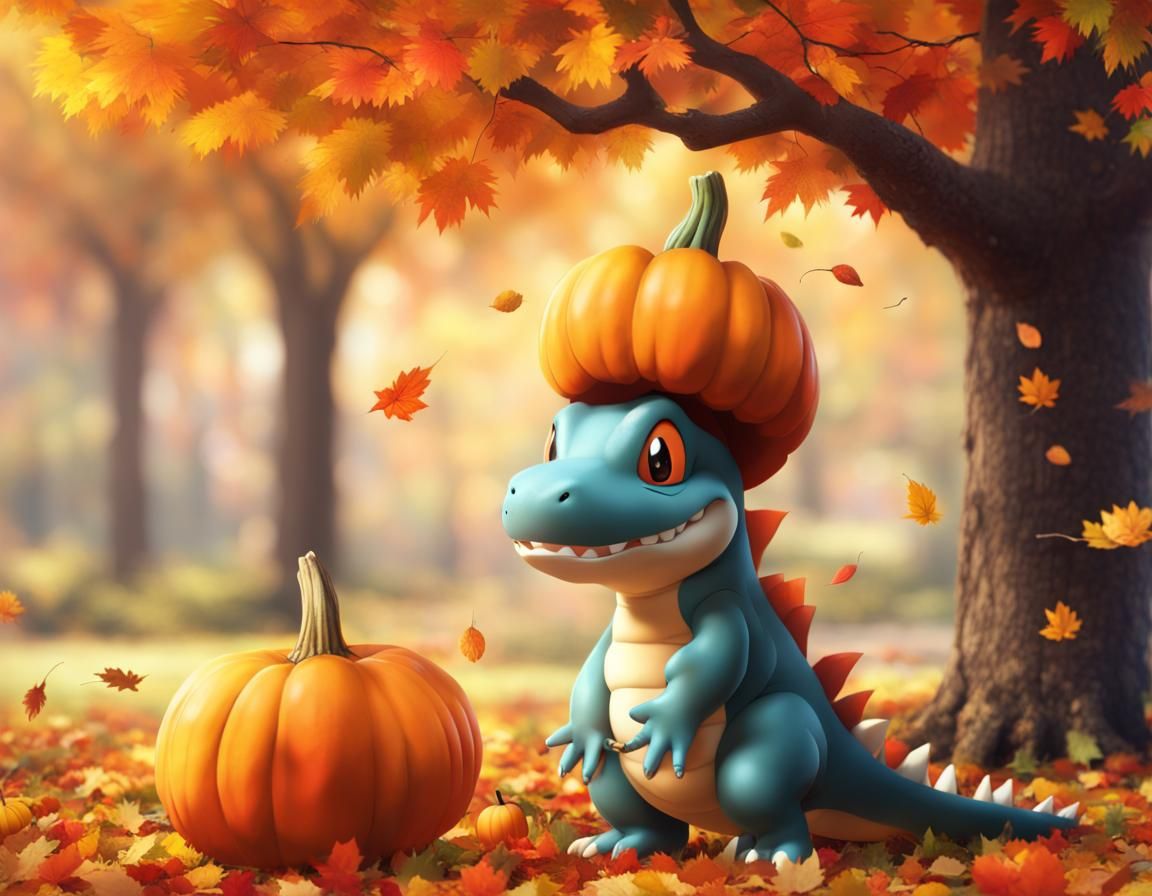 Totodile Wearing a Pumpkin