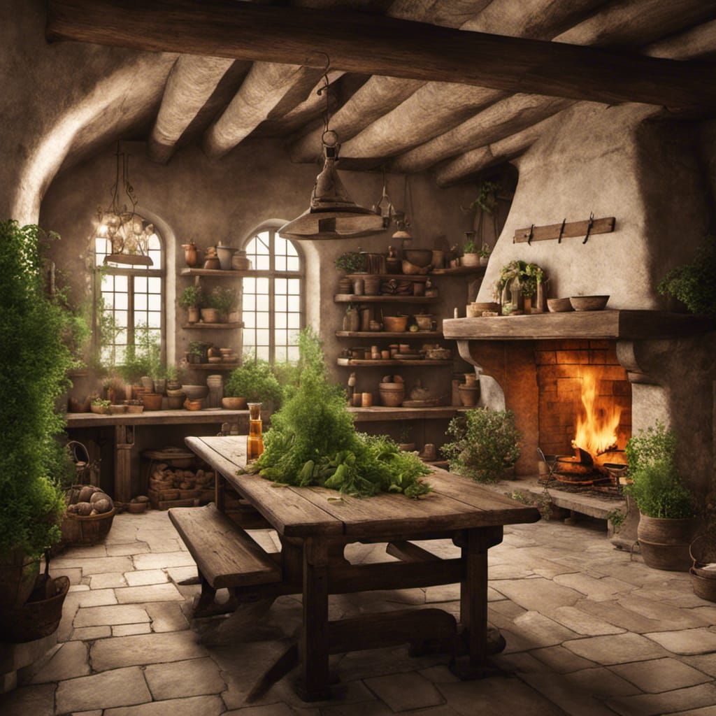 Medieval Kitchen with Fireplace and Herbs