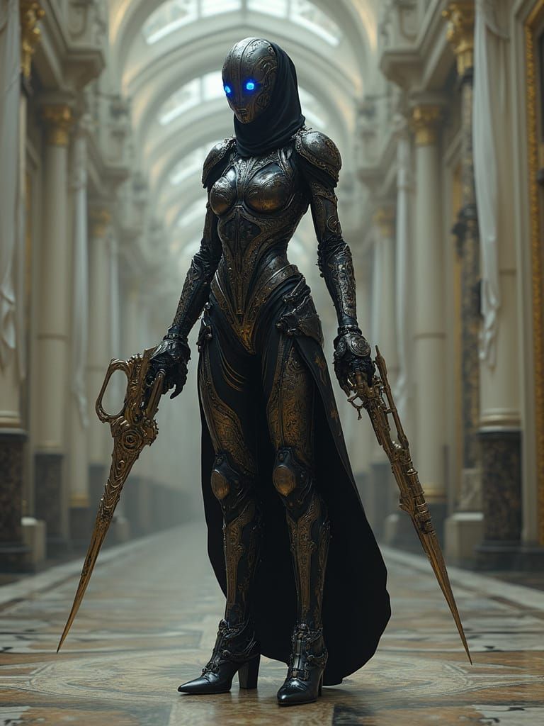 Steampunk Robot Assassin with Intricate Metal Body and Brass...