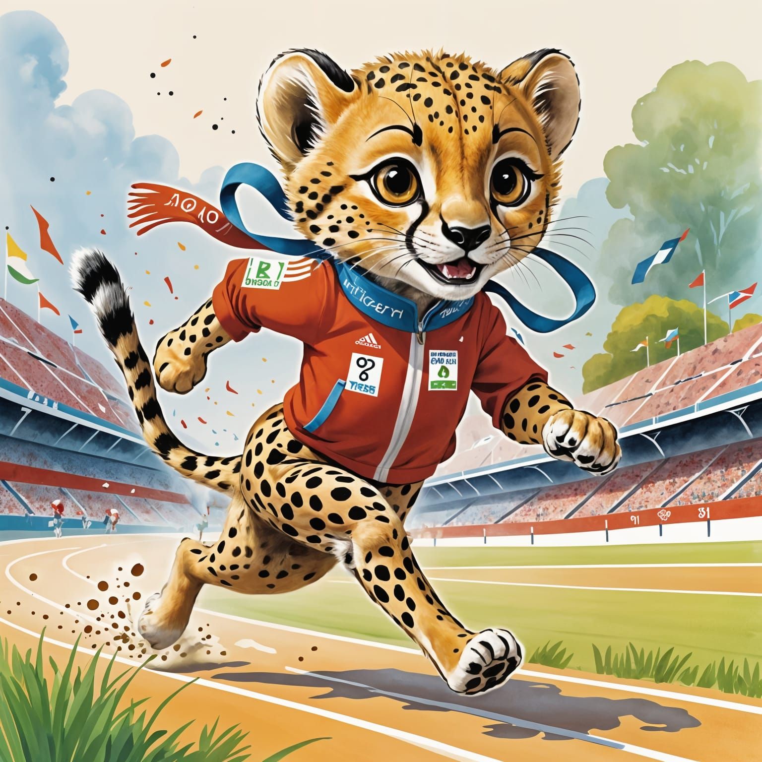 Art by Beatrix Potter, dynamic scene, cute adorable baby cheetah sprinting in a 100-meter dash at the Olympics, anthropo...