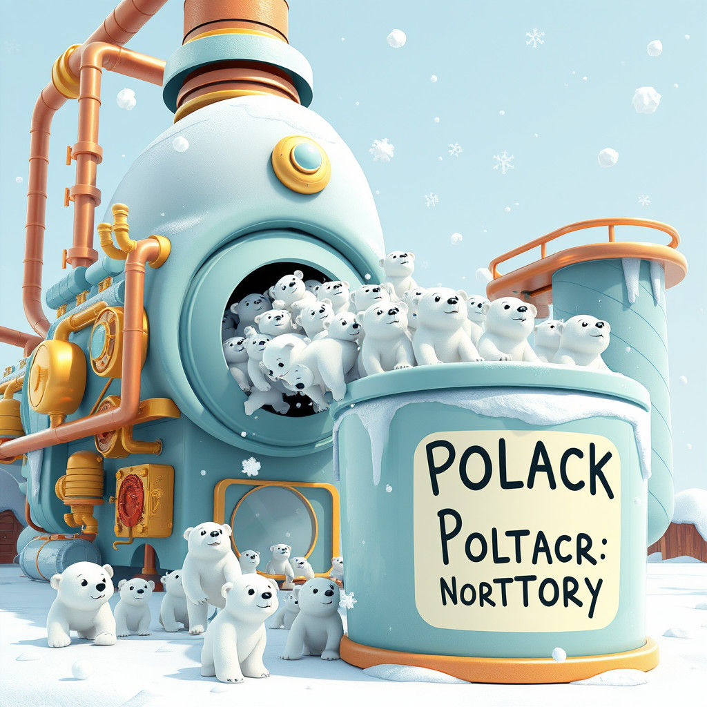 Cartoon Polar Bear Factory in Steampunk Style