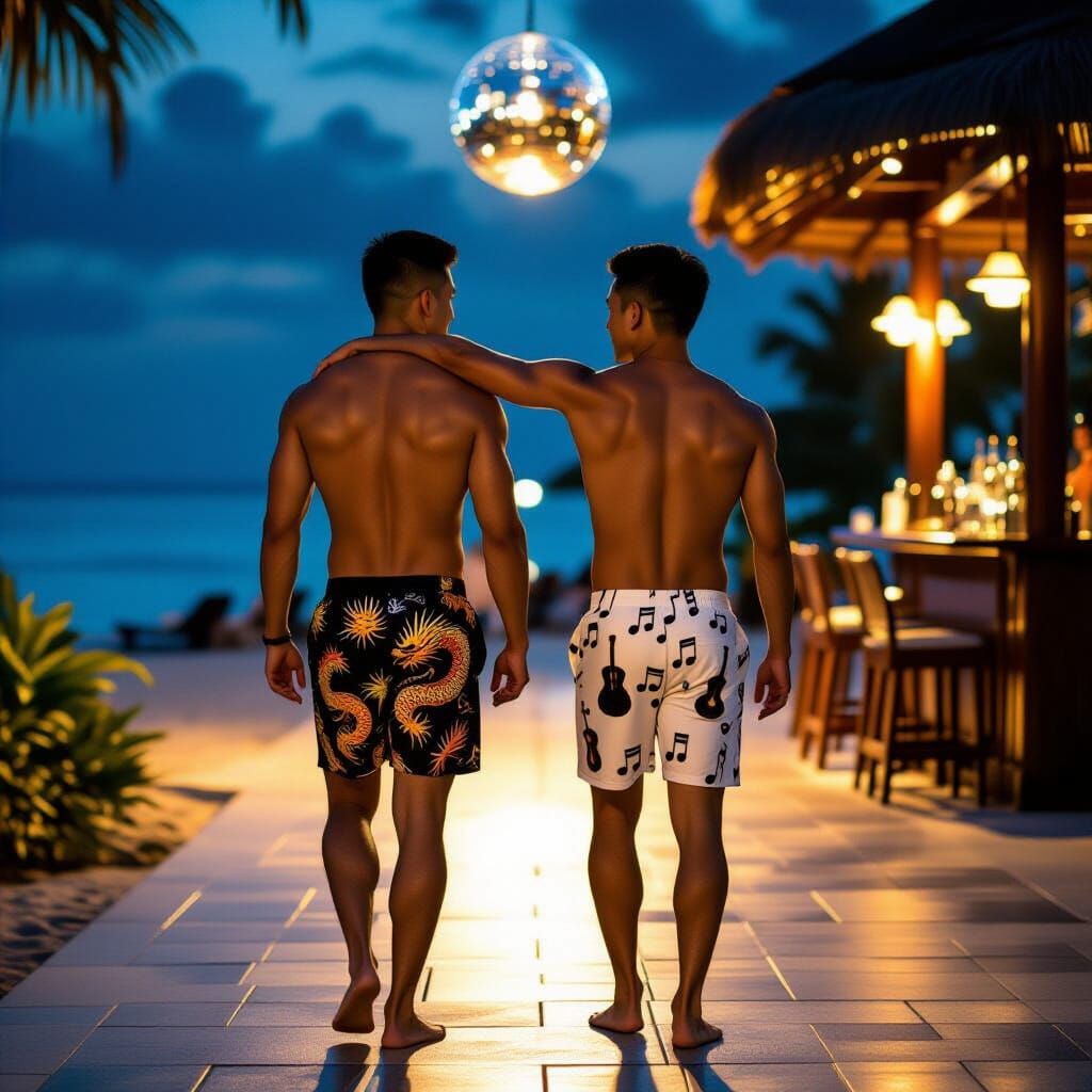 Pre-Raphaelite Beach Resort Camaraderie at Night