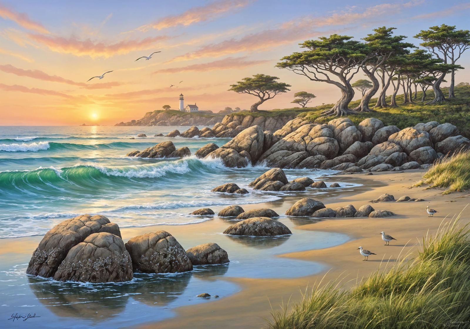 Coastal Sunrise in Bob Ross Style