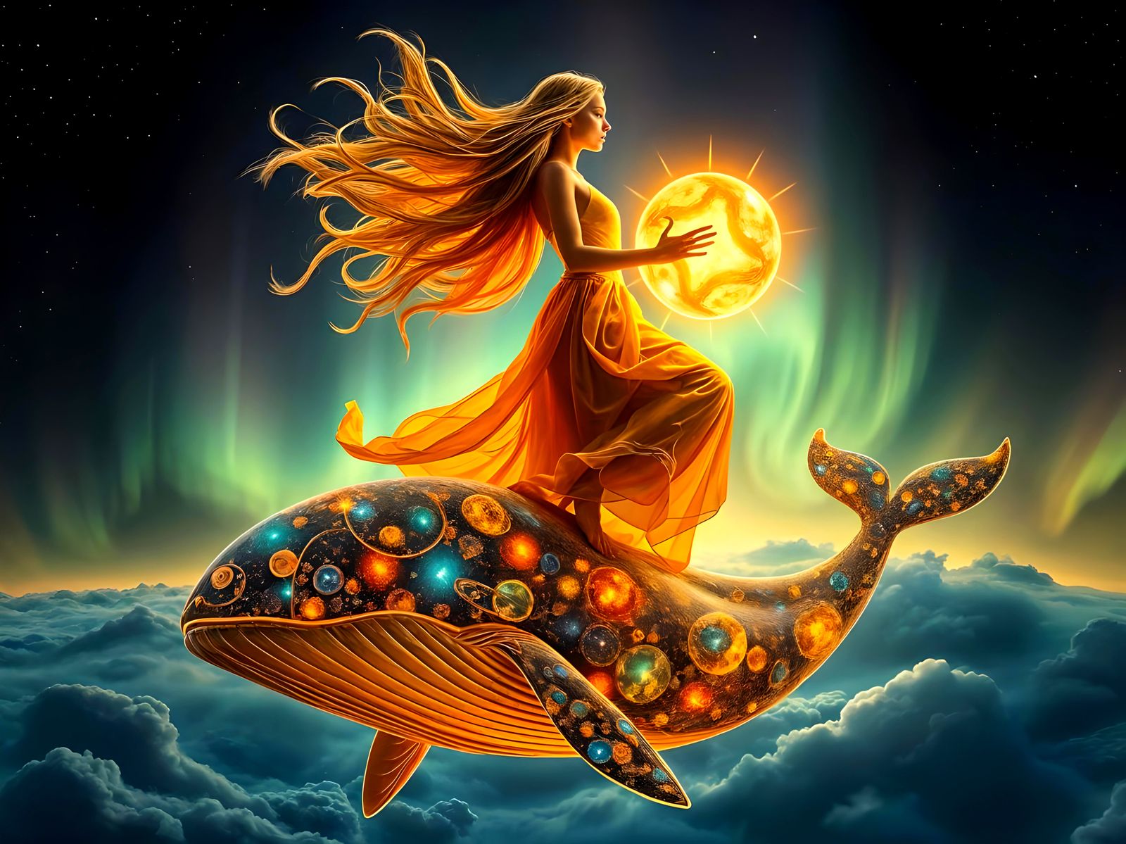 Goddess of Molten Gold Atop Galaxy Whale