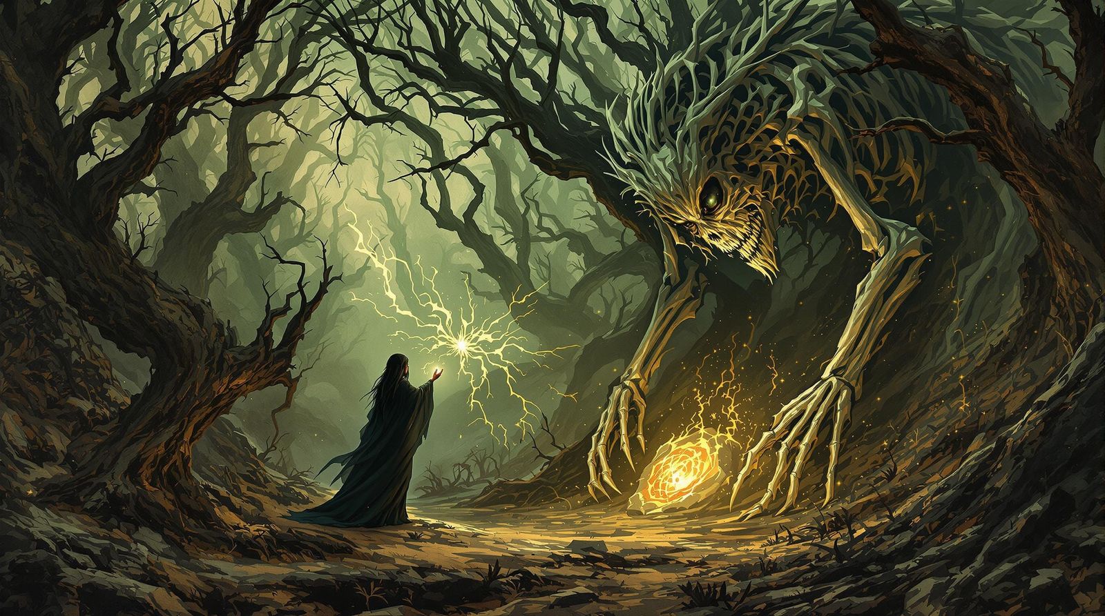 Sorceress Summons Guardian in Blighted Grove, Art Nouveau