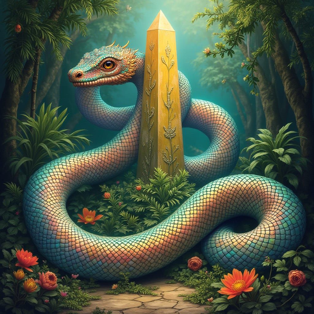 Rainbow Serpent Coils Around Crystal Obelisk