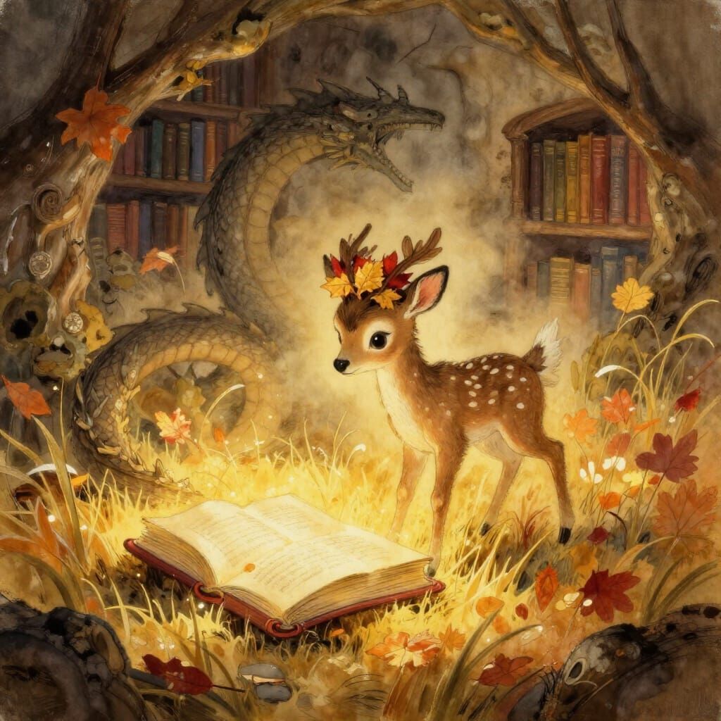 Fawn in Autumn Meadow, Stylized Watercolor-Gouache Painting