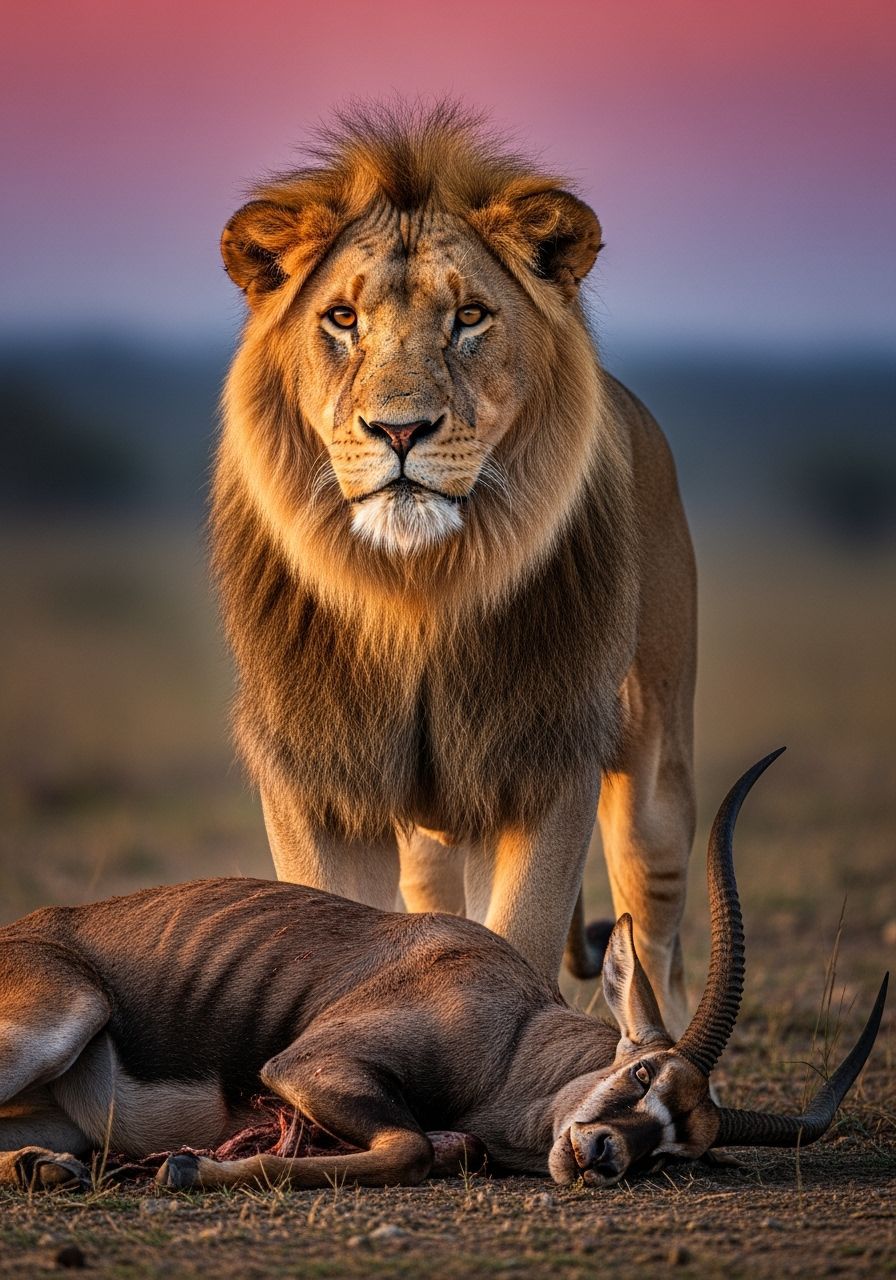 Majestic Lion Over Prey: Hyperrealistic Wildlife Photography